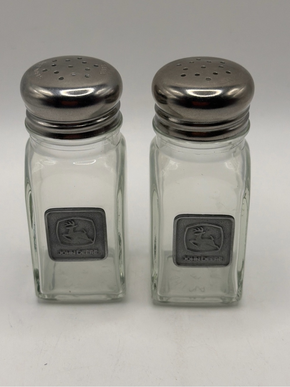 John Deere Glass Salt & Pepper Shakers with Silver Tops